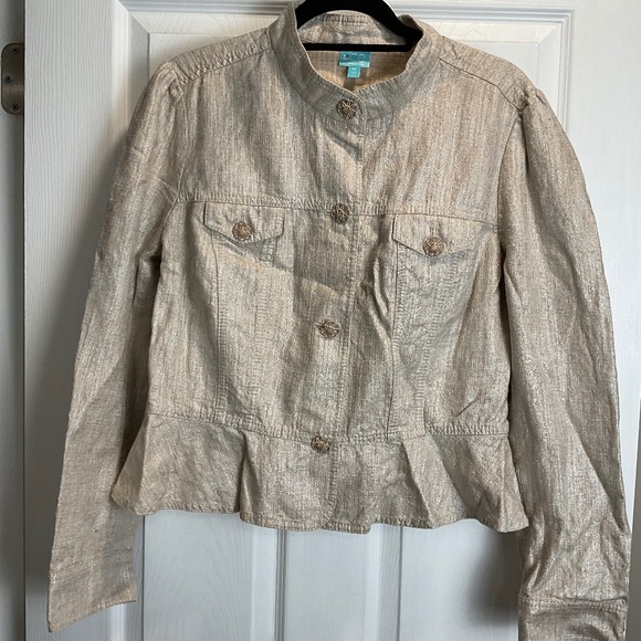 Classique Entier Shimmery Tan Jacket Peplum Gold Wire Floral Buttons Size XL - Picture 1 of 7